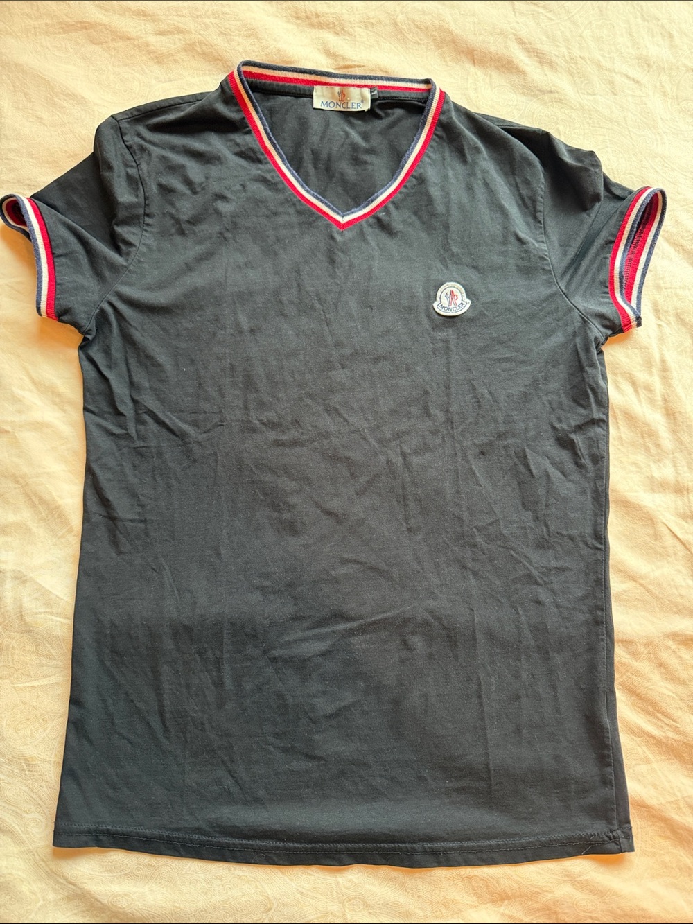 Moncler Black Short-Sleeve V-Neck Tee with Tricolor Trim size L *copy*